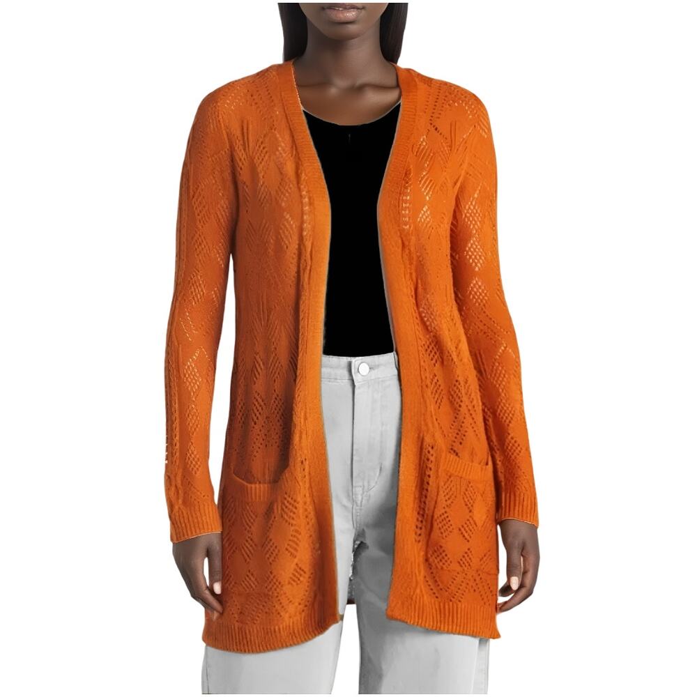 Market & Spruce Cecily Duster Cardigan XS NWT Orange Open Front Pointelle Knit